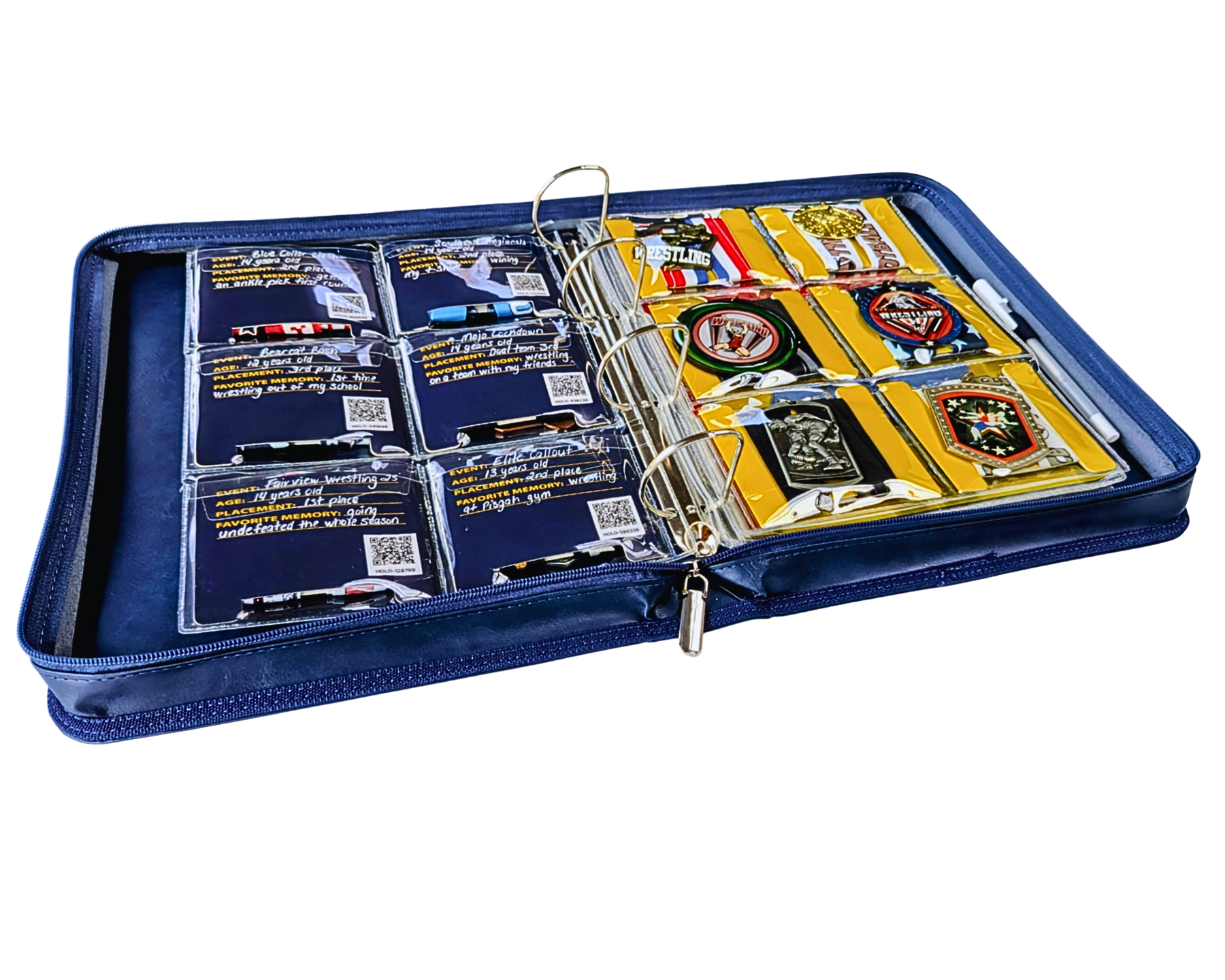 Open Honor Hold binder displaying medals, QR Memory Cards, and the achievement storage system