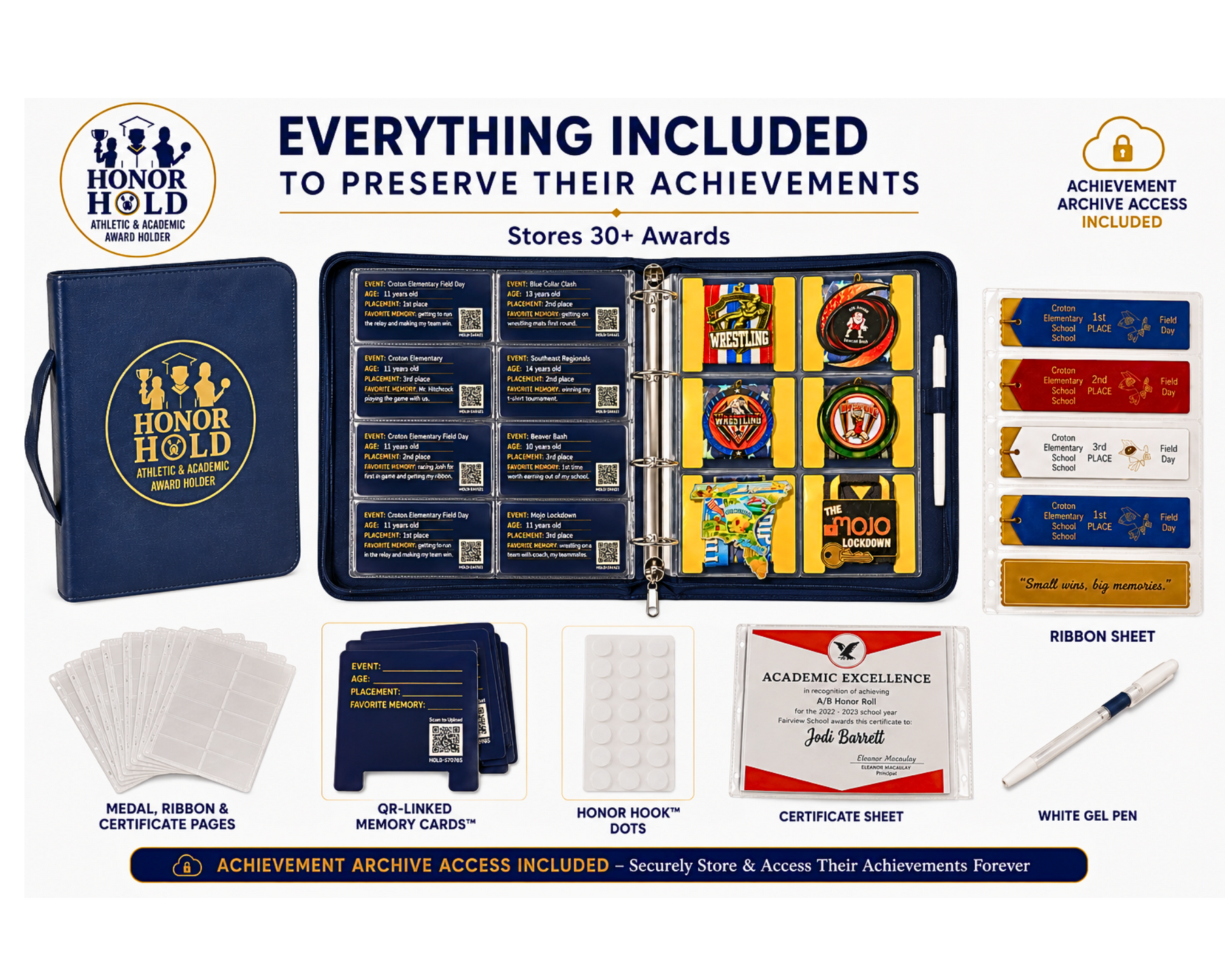 Honor Hold Achievement Storage System with award pages, Memory Cards, Honor Hook dots, and included accessories