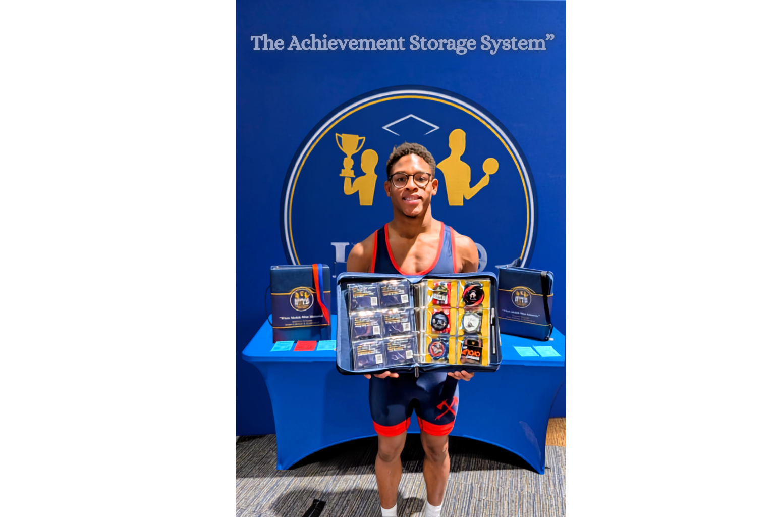 High school wrestler holding an open Honor Hold Achievement Storage System displaying protected medals and QR-linked Memory Cards.